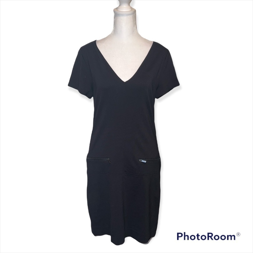 Sanctuary Deep V Neck Black Sheath Dress Zipper Pockets Size Small‎